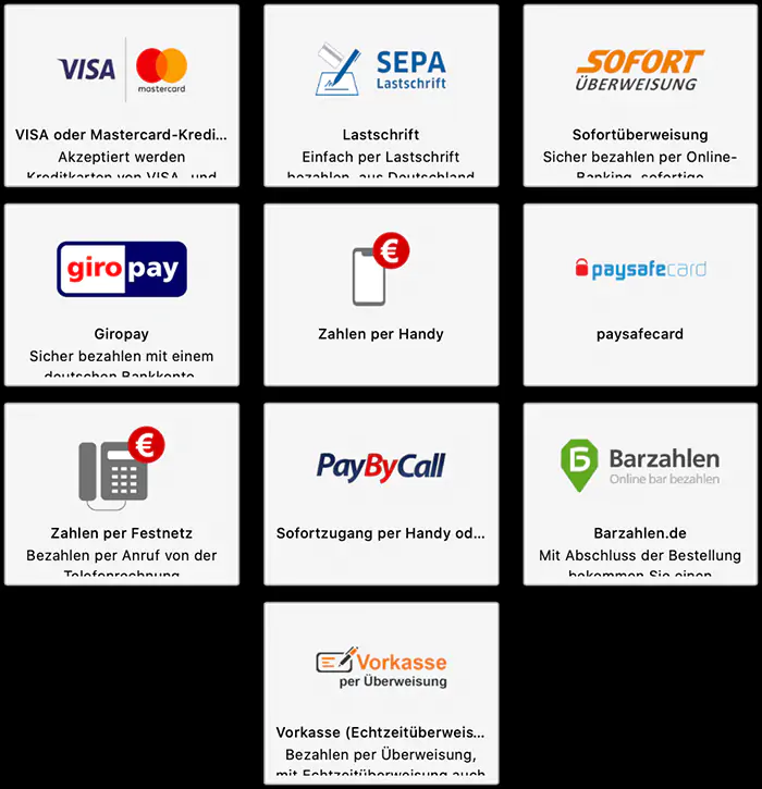 Auflistung der Bezahlmethoden